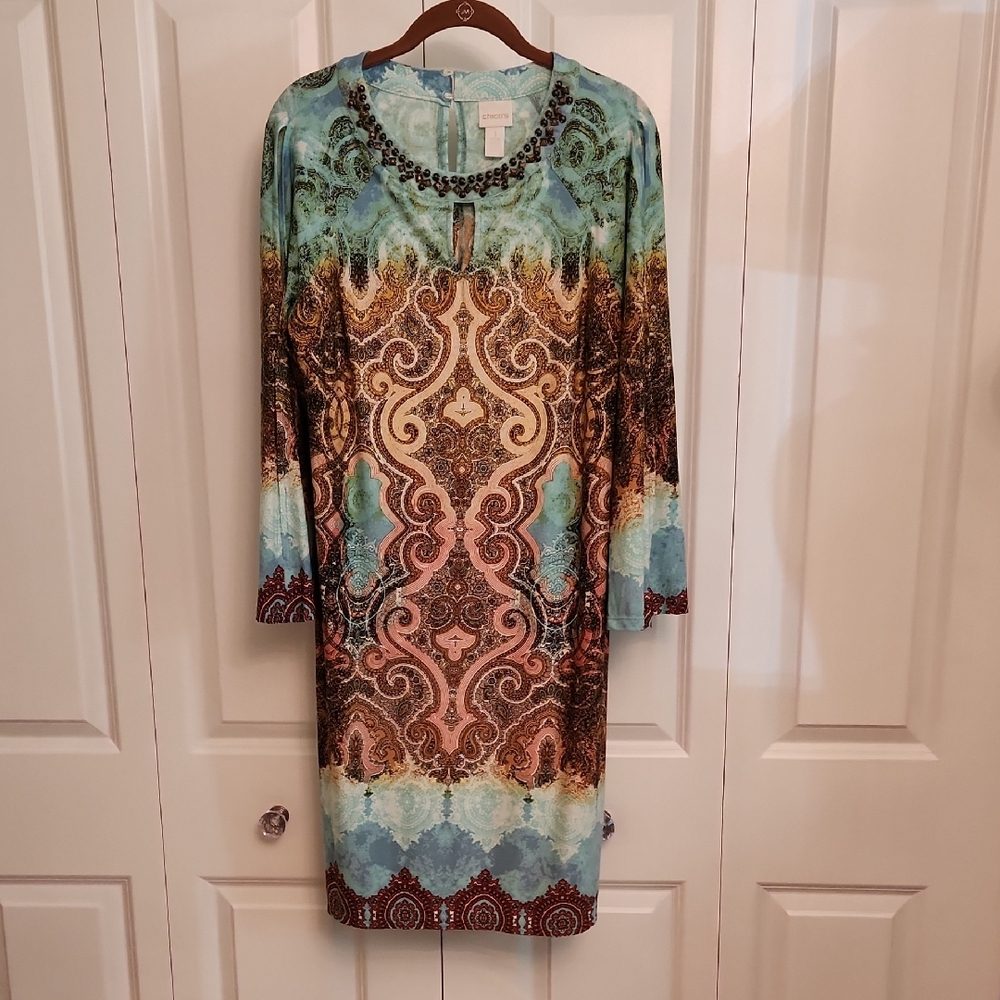 Chico's Size 1 (M/8) Vibrant Long Sleeve Dress with Blue and Brown Tones